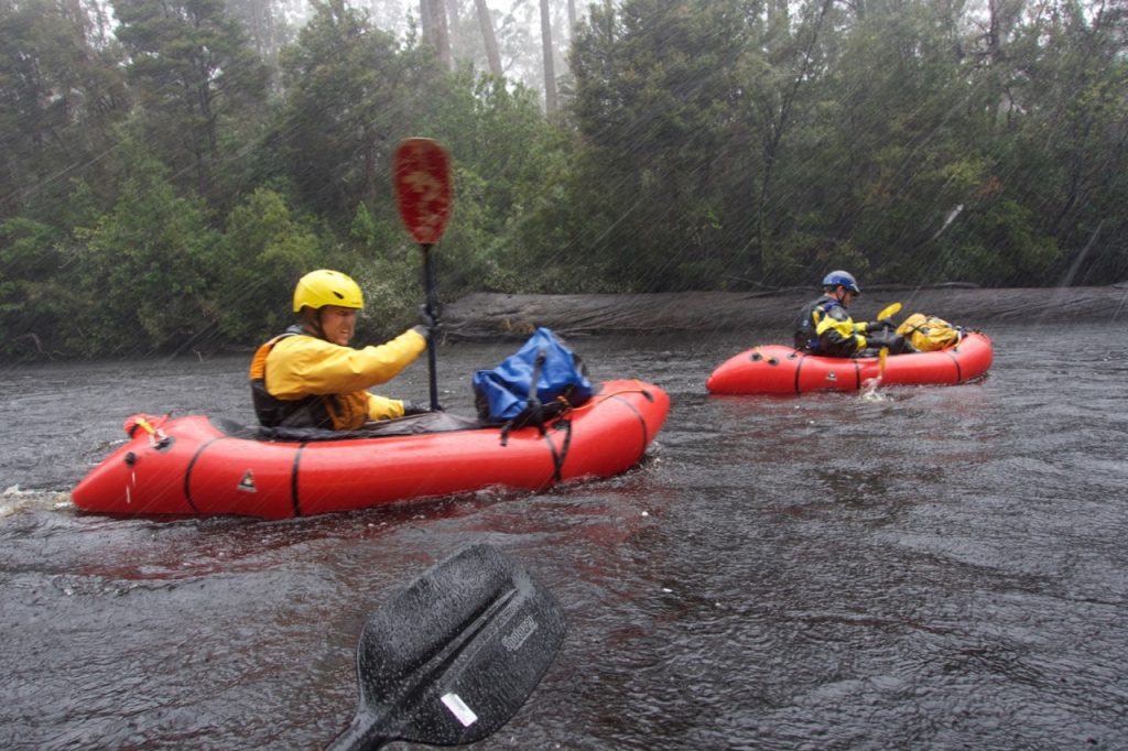 Picture of pack rafting in hail.